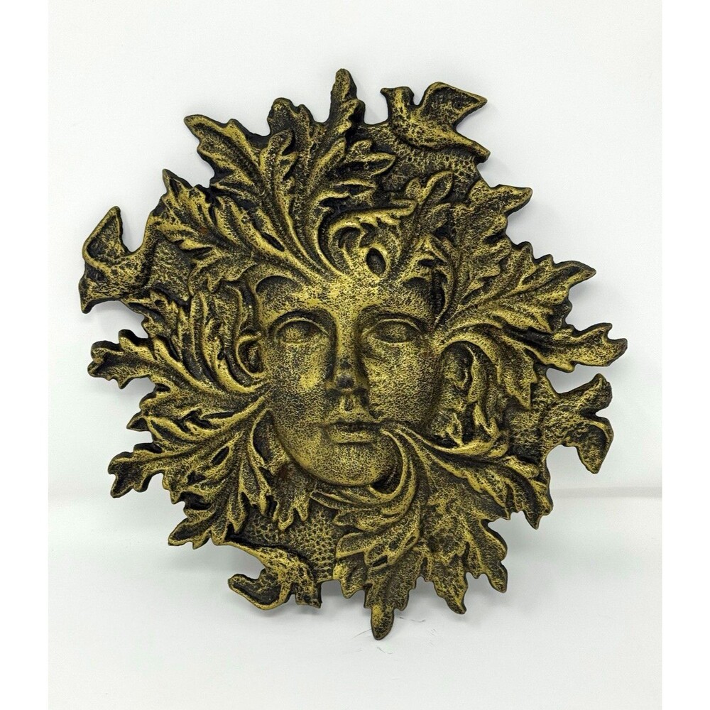 Bronze/Black Metal Leaf Face Wall Plaque, Round Nature Decor, Hanging
